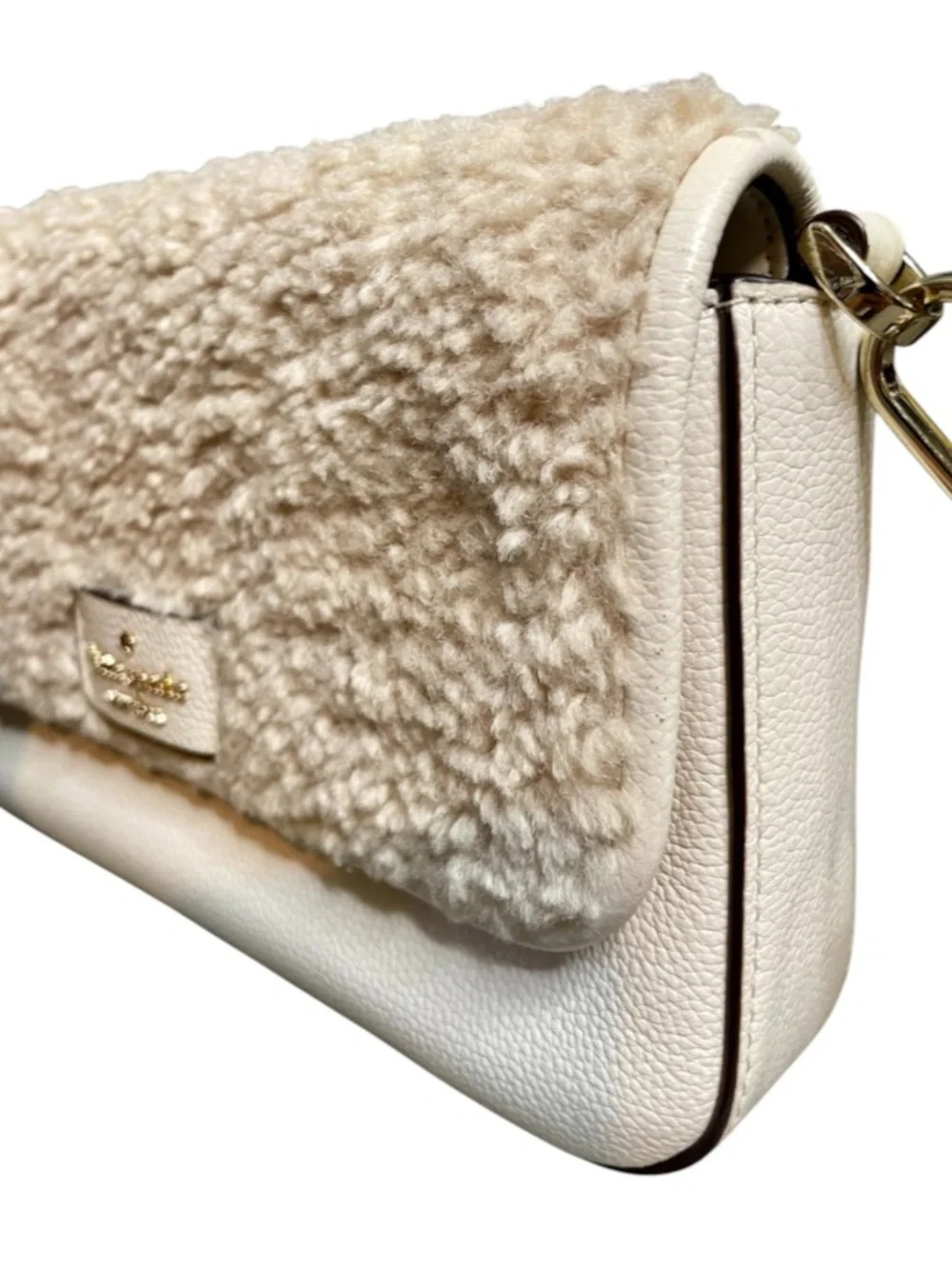 kate spade Cream Shearling & Leather Crossbody with Stripe Strap